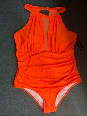 🆕 Tempt Me High-Neck Mesh Neon Orange One-Piece Swimsuit Size XL